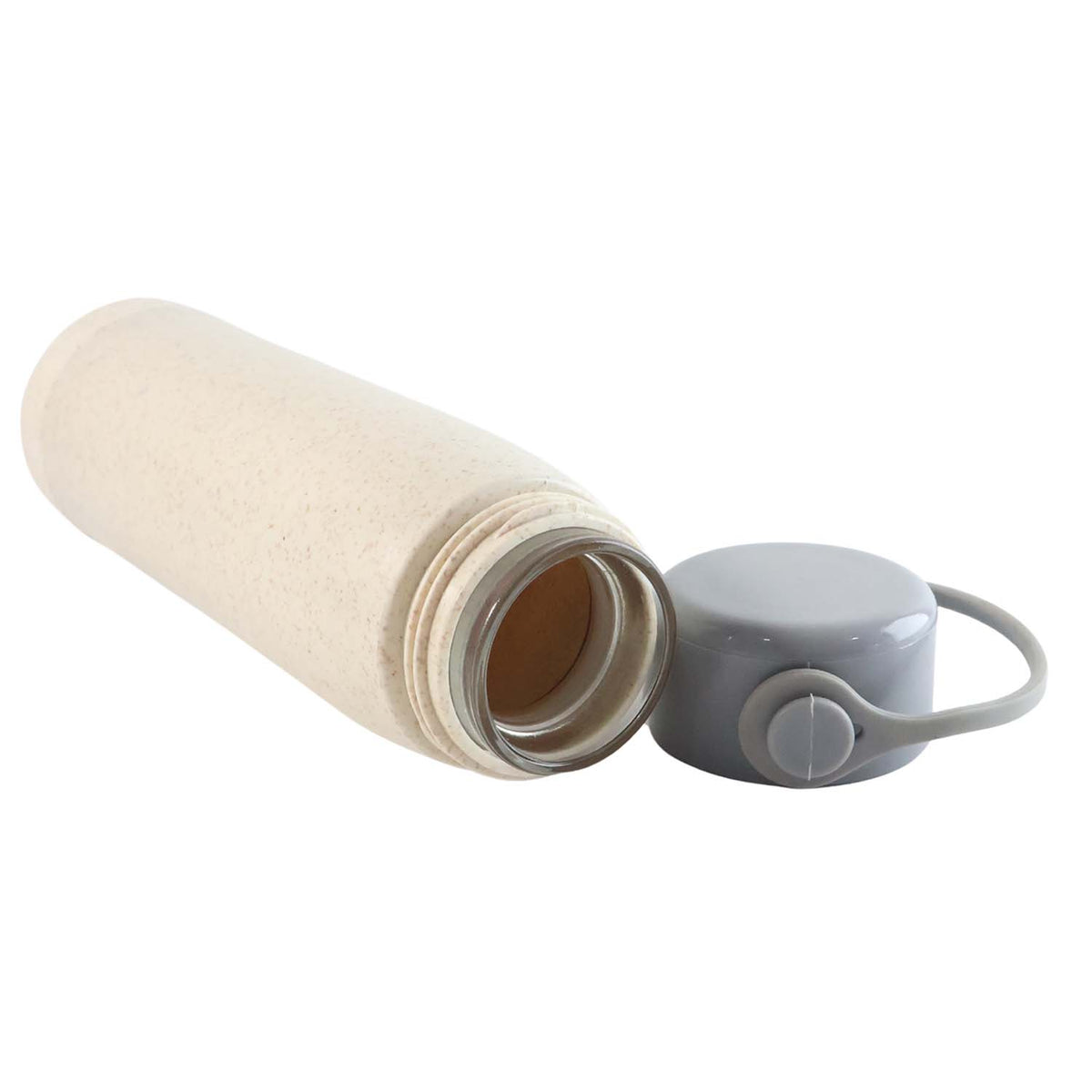Stylish glass water bottle with subtle wheat-inspired design details and protective cap.
